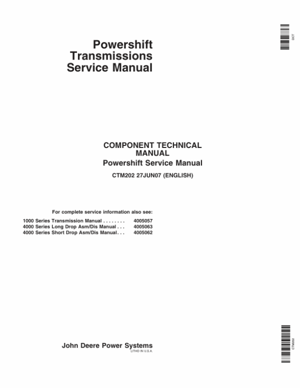 John Deere 1000, 1700, 4000 Series Long and Short Drop Powershift Transmission Component Technical Manual (CTM202)