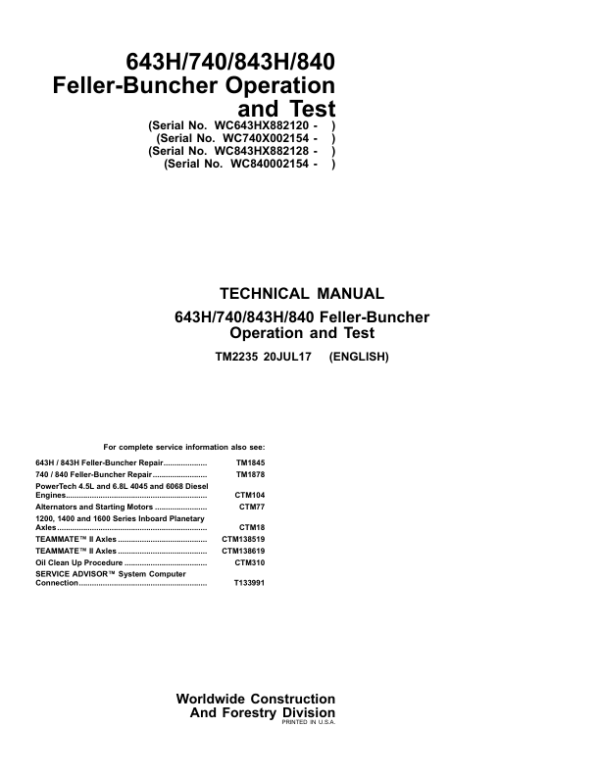 John Deere 643H, 843H Feller Buncher Service Repair Manual (TM2235 and TM1845)