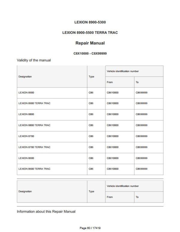 CLAAS 8900, 8700 (C86) Operators, Technical, Repair Manual