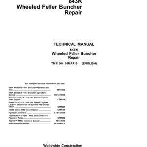 John Deere 843K Wheeled Feller Buncher Service Repair Manual