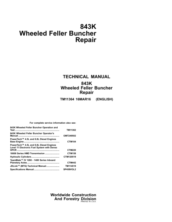 John Deere 843K Wheeled Feller Buncher Service Repair Manual