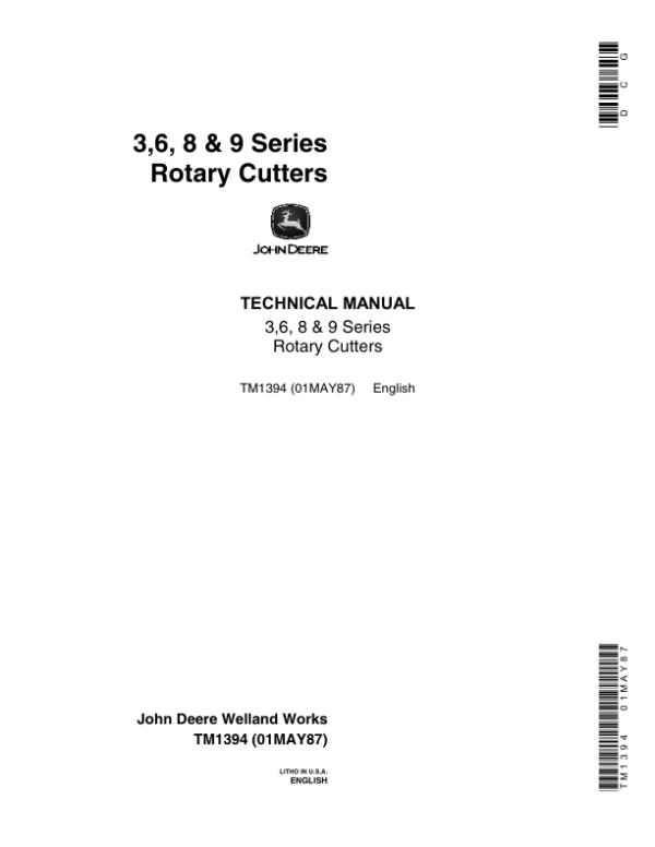 John Deere 403, 503, 506, 509, 603, 1008, 1408, 1418, 1508 Rotary Cutters Service Repair Manual (TM1394)
