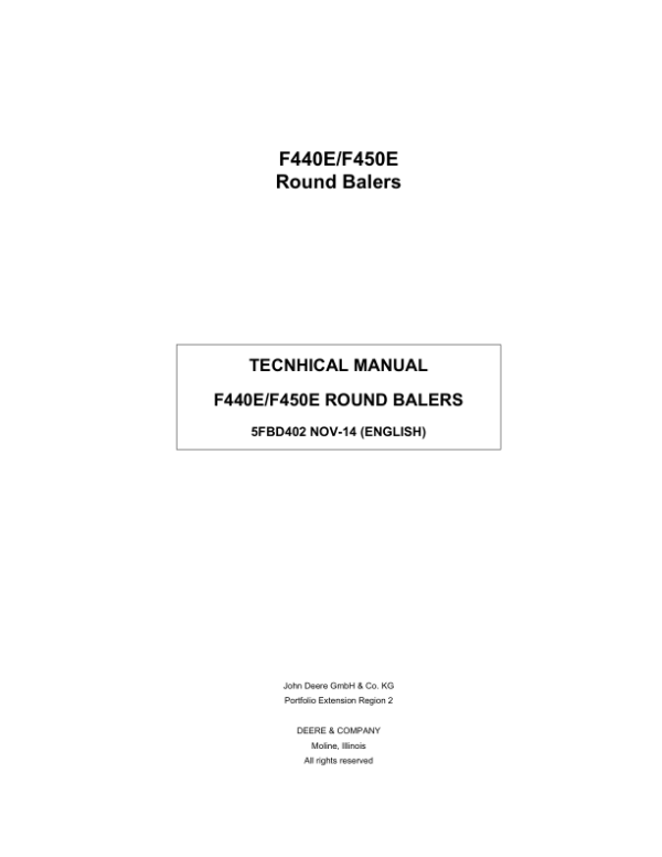 John Deere F440E, F450E Round Balers Service Repair Manual (5FBD402)