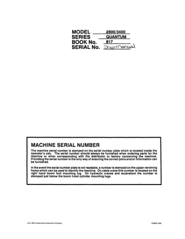 Linkbelt 2800Q, 2800Q2, 3400Q, 3400Q2 Quantum Excavator Service Repair Manual