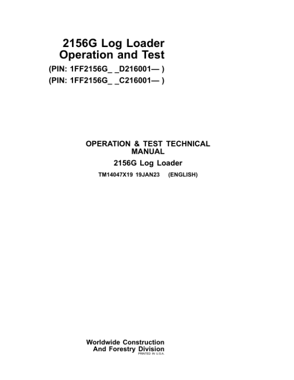 John Deere 2156GLC Log Loader Service Repair Manual (SN after C216001 - & D216001 - )