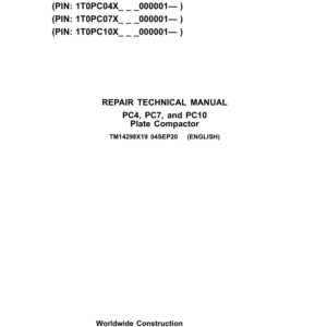 John Deere PC4, PC7, PC10 Plater Compactor Service Repair Manual (TM14298X19)