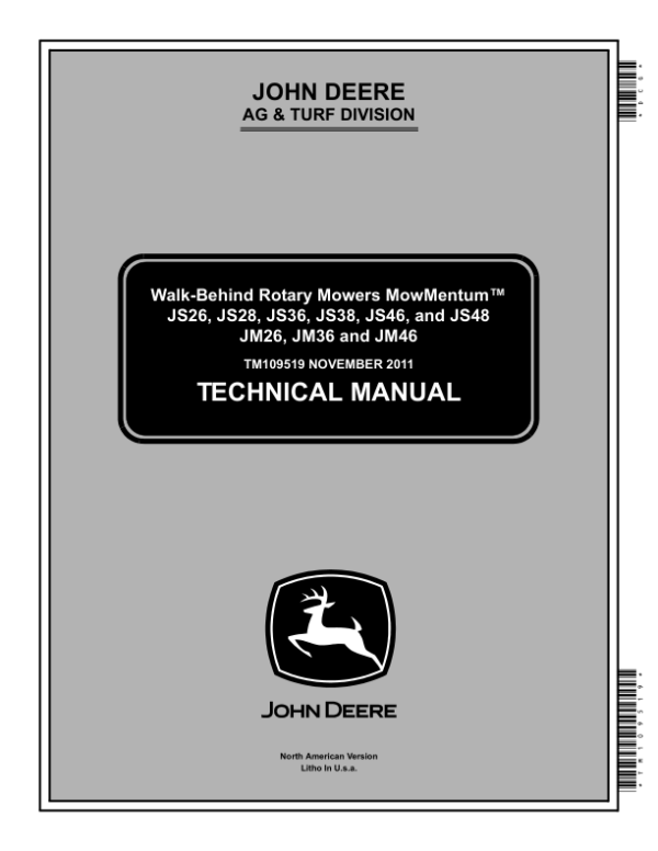 John Deere JS26, JS28, JS36, JS38, JS46, JS48, JM26, JM36, JM46 Rotary Mowers Repair Manual (TM109519)