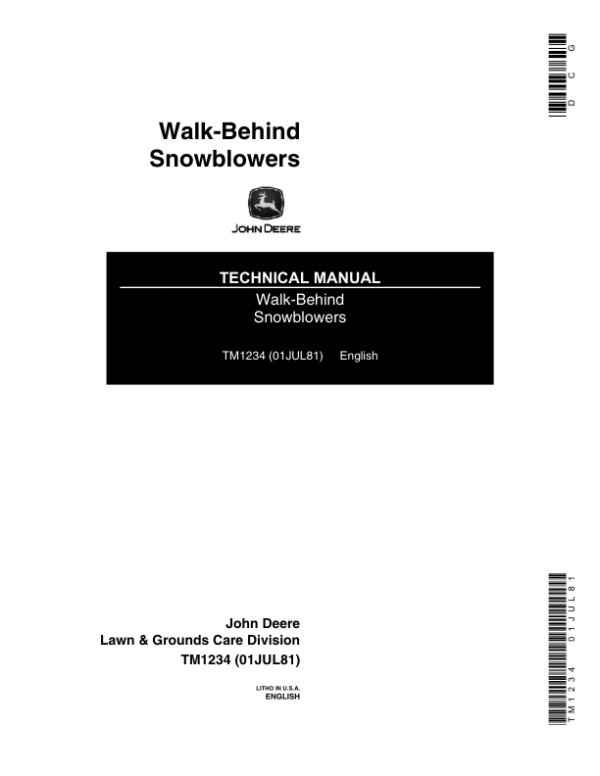 John Deere 526, 632, 726, 732, 826, 832, 1032 Walk-Behind Snow Blower Repair Manual (TM1234)