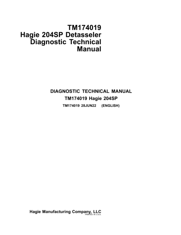 Hagie 204SP Detasseler Service Repair Manual (SN 000000 - 230000)