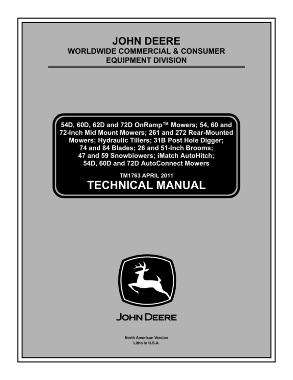 John Deere Rotary Mower & Compact Utility Tractor Attachments Service Repair Manual (TM1763)