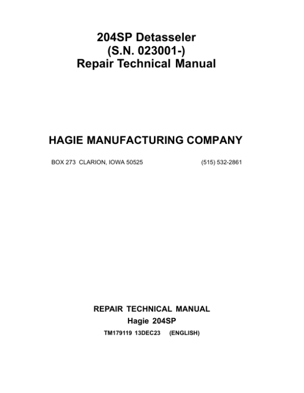 Hagie 204SP Detasseler Service Repair Manual (SN after 230001 -)