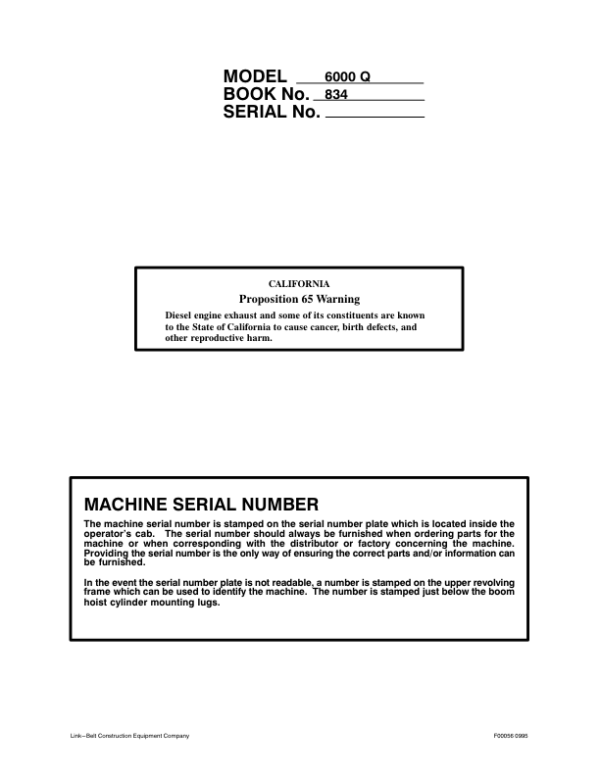 Linkbelt 6000Q SL, 6000Q RT SL Quantum Excavator Operators Manual
