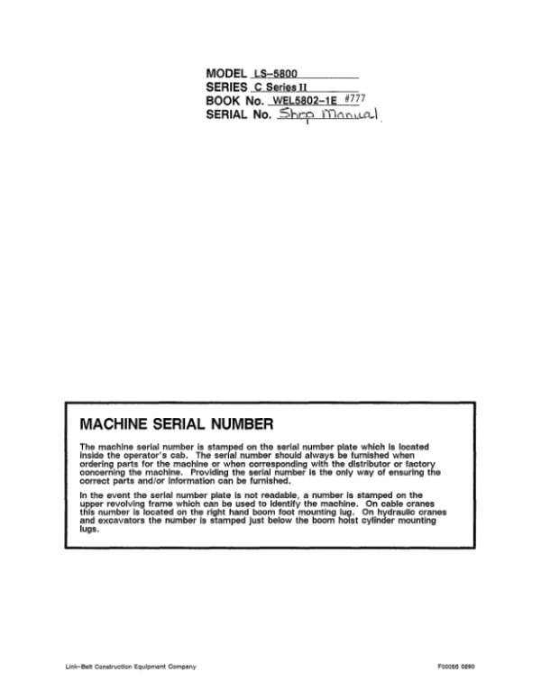 Linkbelt LS-5800 C2 Excavator Service Repair Manual