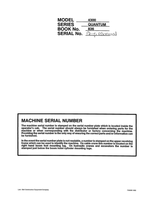 Linkbelt 4300Q Quantum Excavator Service Repair Manual