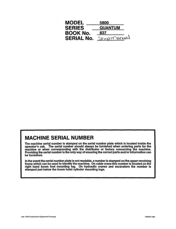 Linkbelt 5800Q Quantum Excavator Service Repair Manual