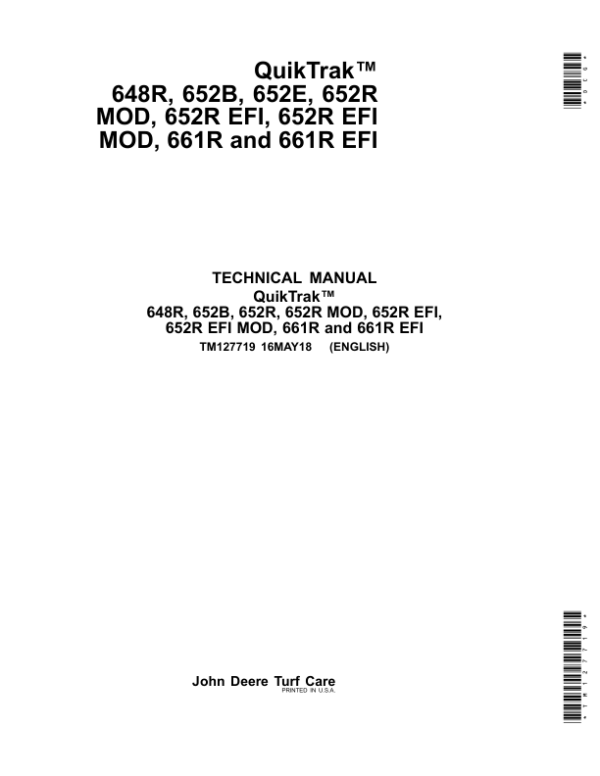 John Deere 648R, 652B, 652E, 652R MOD, 652R EFI, 652R EFI MOD, 661R, 661R EFI QuickTrak Mower Repair Manual