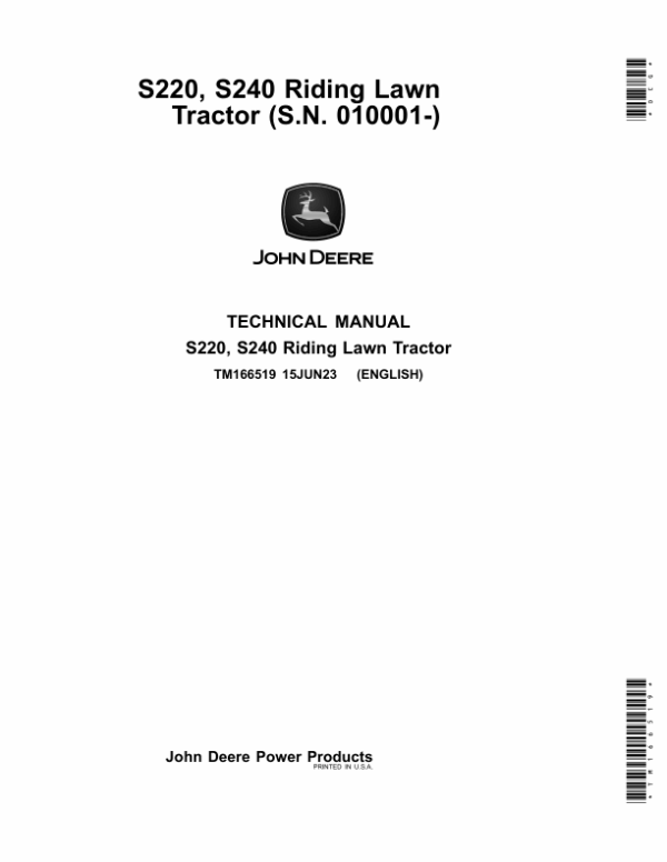 John Deere S220 Riding Lawn Tractor Service Repair Manual (TM166519 & TM171219) John Deere S220 Riding Lawn Tractor Service Repair Manual (TM166519 & TM171219)
