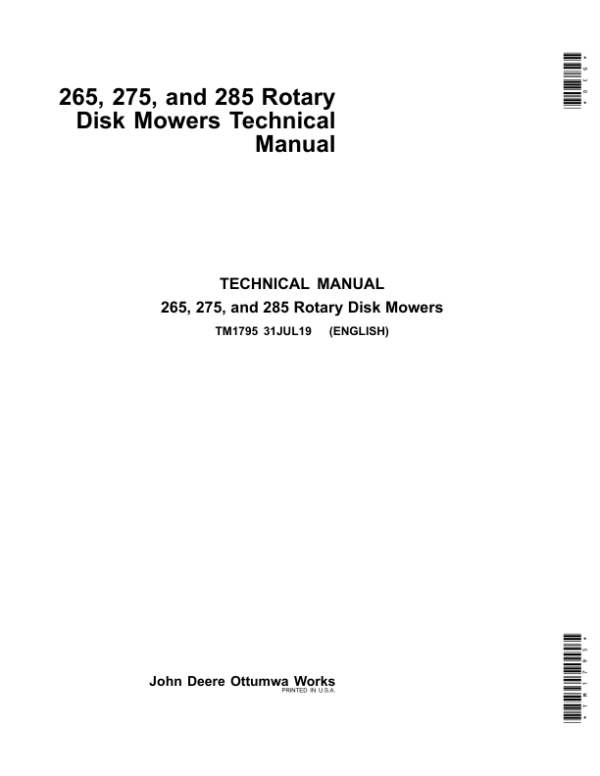 John Deere 265, 275, 285 Rotary Disk Mowers Service Repair Manual (TM1795)