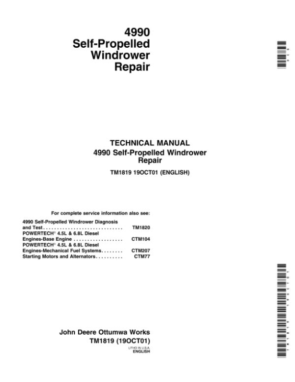 John Deere 4990 Self-Propelled Windrower Service Repair Manual (TM1819 & TM1820)
