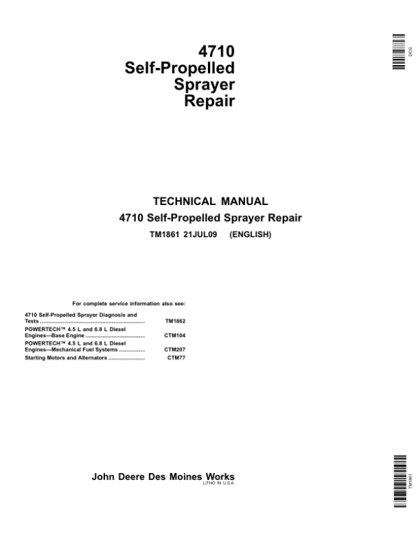 John Deere 4710 Self-Propelled Sprayer Service Repair Manual (TM1861 & TM1862)