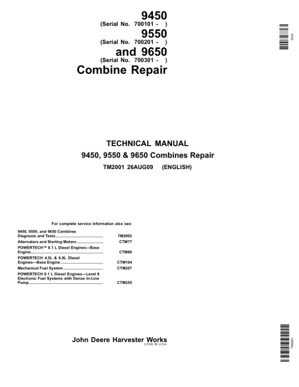 John Deere 9450, 9550, 9650 Combines Service Repair Manual