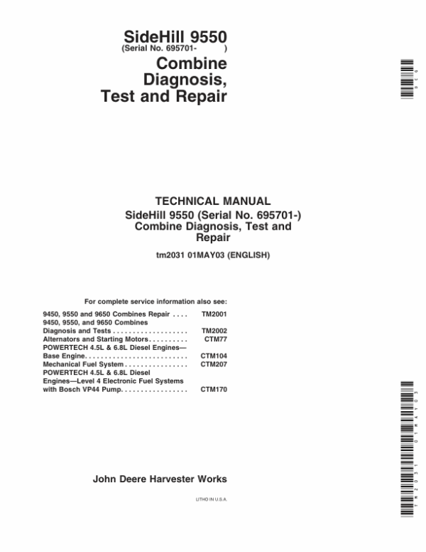 John Deere 9550 Sidehill Combine Service Repair Manual (TM1832 & TM2031)