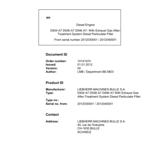 Liebherr D934 A7, D936 A7, D946 A7 Diesel Engine Operators Manual