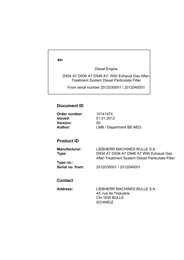 Liebherr D934 A7, D936 A7, D946 A7 Diesel Engine Operators Manual Liebherr D934 A7, D936 A7, D946 A7 Diesel Engine Operators Manual