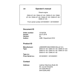 Liebherr D944 A7–00, D936 A7–00, D946 A7–00 Engine Operators Manual