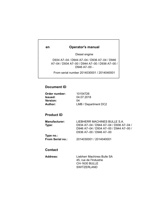 Liebherr D944 A7–00, D936 A7–00, D946 A7–00 Engine Operators Manual Liebherr D944 A7–00, D936 A7–00, D946 A7–00 Engine Operators Manual