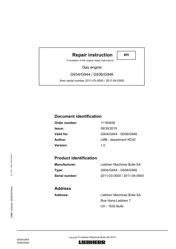 Liebherr G934, G936, G944, G946 Gas Engine Service Repair Manual