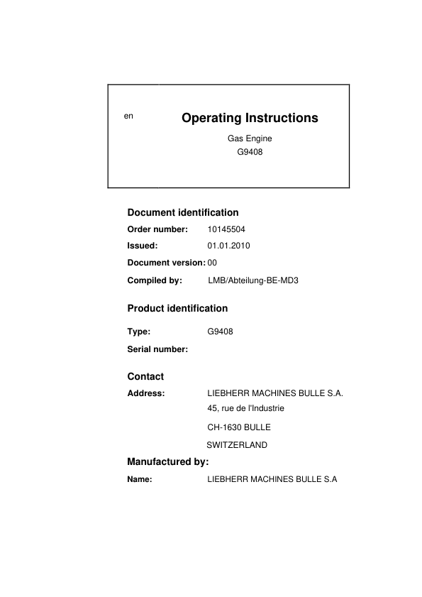 Liebherr G9408 Gas Engine Operating Manual