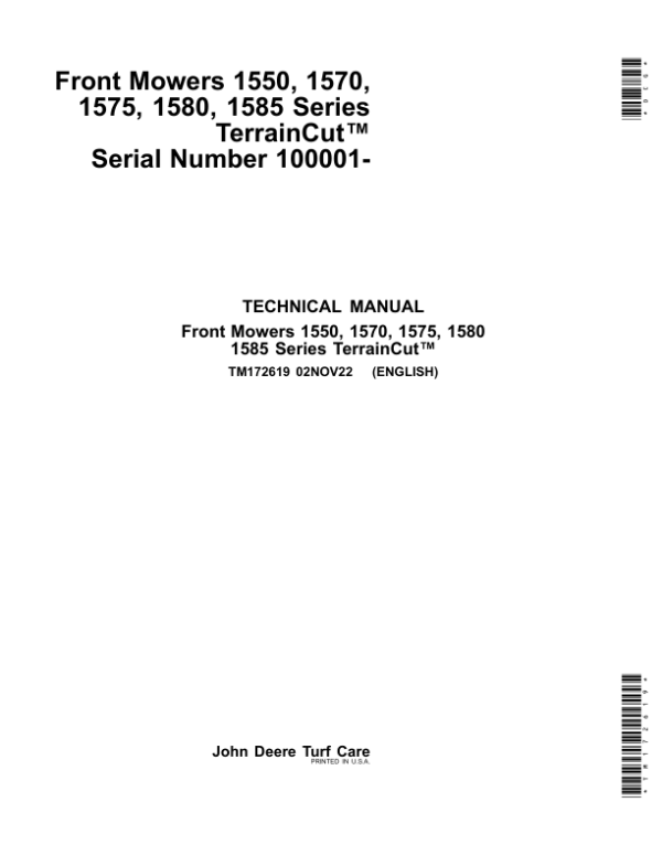 John Deere 1550, 1570, 1575, 1580, 1585 Series Front Mowers TerrainCut Service Repair Manual John Deere 1550, 1570, 1575, 1580, 1585 Series Front Mowers TerrainCut Service Repair Manual