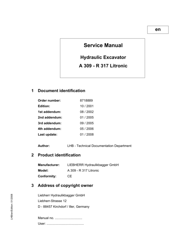 Liebherr A309 Litronic Excavator Operators Service Repair Manual