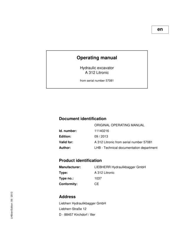 Liebherr A312 Litronic Excavator Operators Service Repair Manual