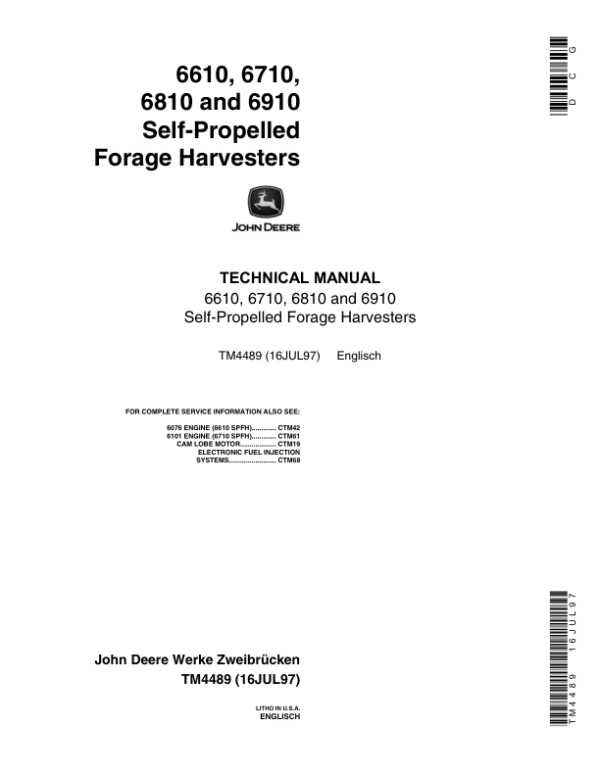 John Deere 6610, 6710, 6810, 6910 Harvesters Repair Technical Manual (TM4489) John Deere 6610, 6710, 6810, 6910 Harvesters Repair Technical Manual (TM4489)