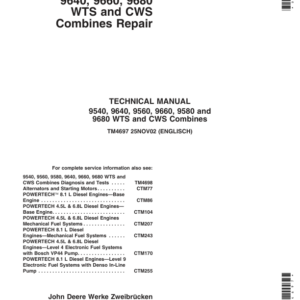 John Deere 9540 CWS, 9560 CWS, 9580 CWS, 9640 CWS, 9660 CWS, 9680 CWS Combines Repair Technical Manual