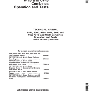 John Deere 9540 CWS, 9560 CWS, 9580 CWS, 9640 CWS, 9660 CWS, 9680 CWS Combines Repair Technical Manual - Image 2