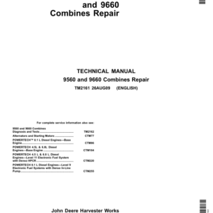 John Deere 9560, 9560 SH, 9660 Combines Repair Technical Manual (TM2161 & TM2162)