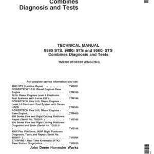 John Deere 9560i STS, 9880 STS, 9880i STS Combines Repair Technical Manual (TM2201 & TM2202)