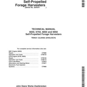 John Deere 6650, 6750, 6850, 6950 Harvestor Repair Technical Manual (TM4549)