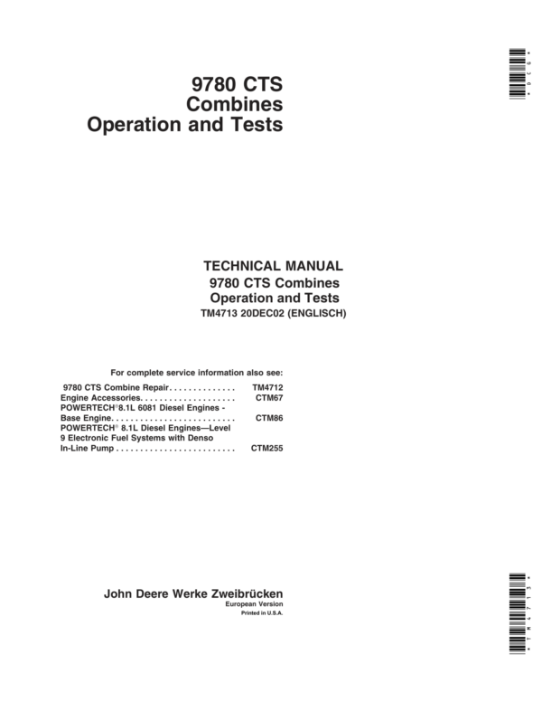 John Deere 9780 CTS Combines Repair Technical Manual