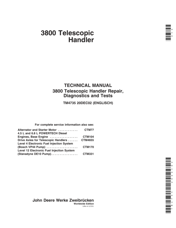 John Deere 3816 Telescopic Handlers Repair Technical Manual (TM4735) John Deere 3816 Telescopic Handlers Repair Technical Manual (TM4735)