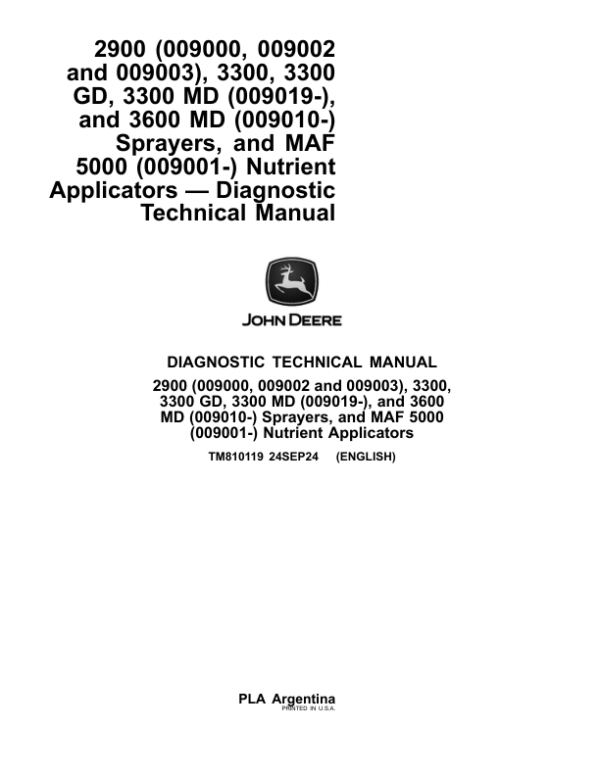 John Deere 3300, 3300 GD, 3300 MD, 3600 MD Sprayers, MAF 5000 Nutrient Applicator Service Repair Manual