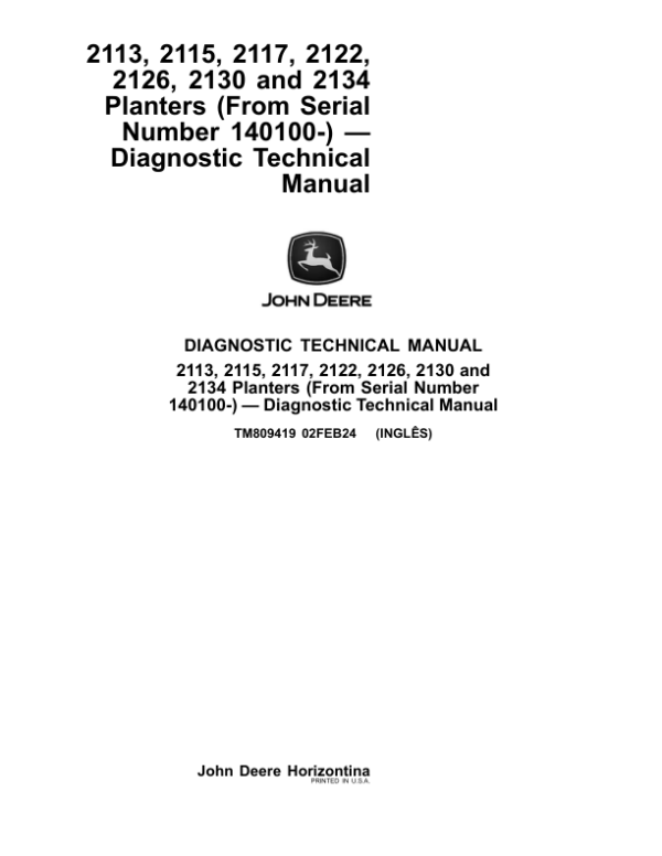John Deere 2109, 2111, 2113, 2115, 2117, 2122, 2126, 2130, 2134 Planters Service Repair Manual