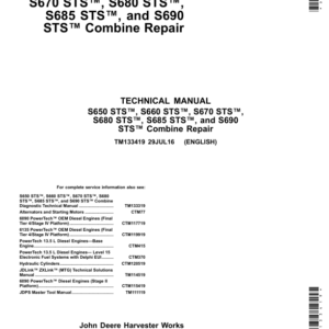 John Deere S650 STS, S660 STS, S670 STS, S680 STS S685 STS, 690 STS Combine Repair Manual