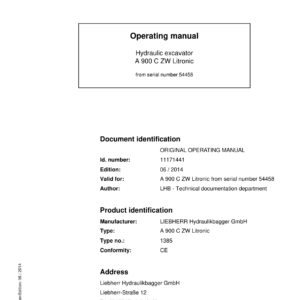 Liebherr A900 C ZW, A900 C ZW EDC Litronic Excavator Operators Service Repair Manual - Image 2