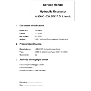 Liebherr A900 C ZW, A900 C ZW EDC Litronic Excavator Operators Service Repair Manual - Image 1