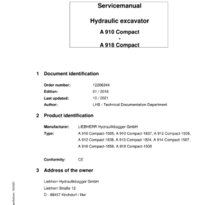 Liebherr A912 Compact Hydraulic Excavator Operators Service Repair Manual