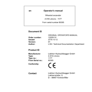 Liebherr A916 Standard Hydraulic Excavator Operators Service Repair Manual - Image 2